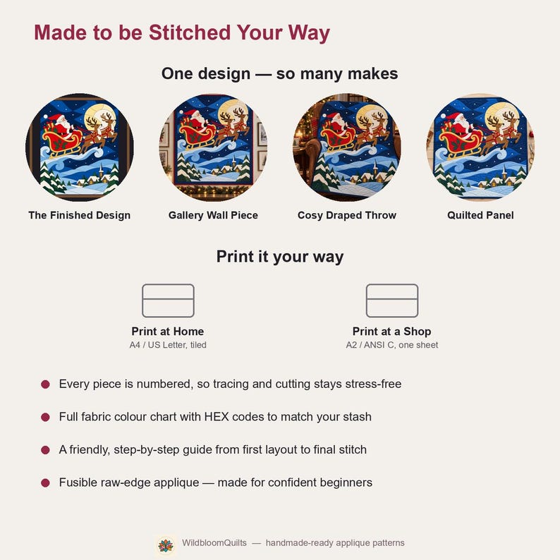 Santa Sleigh Quilt Pattern, Applique & Collage Quilt, Christmas Quilt Pattern PDF, Stained Glass Patchwork Wall Hanging, Reindeer Quilt image 3