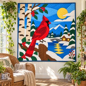 Quiltmuster „Winterkardinal“, Applikations- und Collage-Quilt, Vogel-Quiltmuster (PDF), Patchwork-Wandbehang, Quiltvorlage im Stil der Volkskunst Bild 8