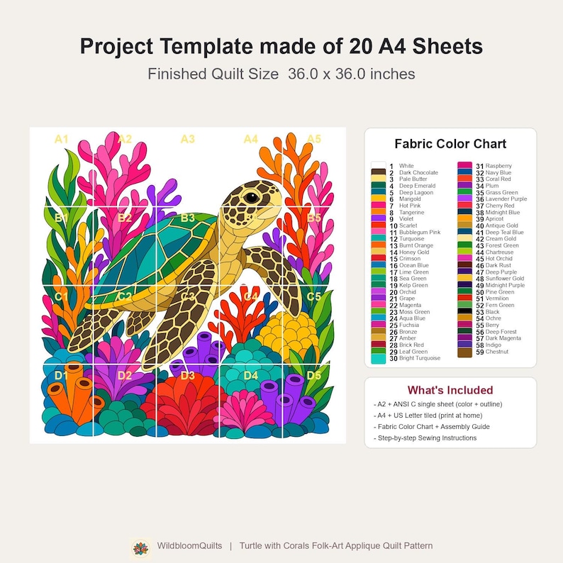 Quiltmuster Meeresschildkröten, PDF-Vorlage für Applikationen mit offenen Kanten, Quiltmuster Meerestiere, Wandbehang Korallenriff, Patchwork-Vorlage im Stil der Volkskunst Bild 20