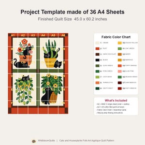 Black Cat Quilt Pattern, Applique & Collage Quilt, Houseplant Cat Quilt PDF, Patchwork Wall Hanging, Folk Art Animal Quilt Template image 6