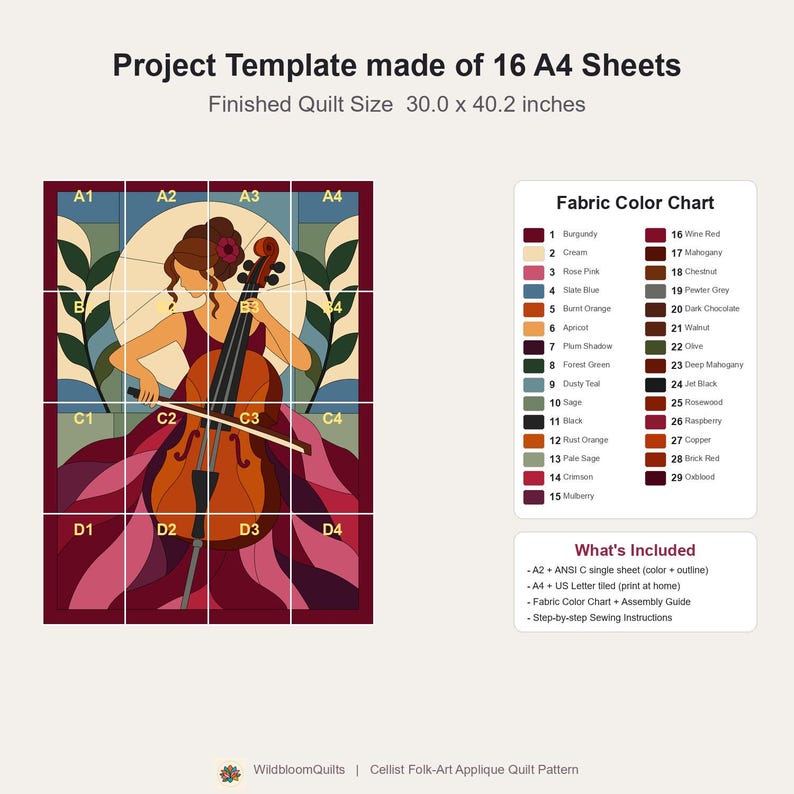 Quiltmuster für Cellisten, Applikations- und Collage-Quilt, Quiltmuster für Musikliebhaber (PDF), Patchwork-Wandbehang, Quiltvorlage im Stil der Volkskunst Bild 15