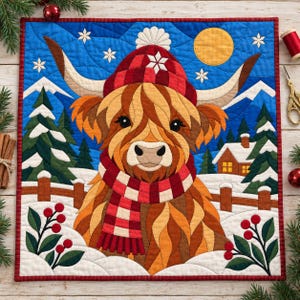 Modello per trapunta natalizia con mucca delle Highlands, trapunta con applicazioni e collage, modello PDF per trapunta con animali, arazzo patchwork, arte popolare immagine 11