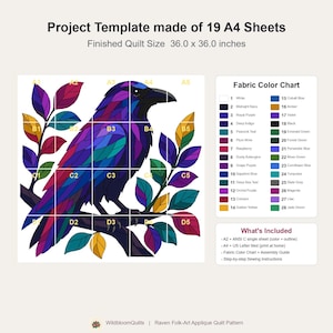 Modèle de courtepointe Corbeau, Appliqué thermocollant à bords francs (PDF), Modèle de courtepointe Oiseau, Décoration murale patchwork, Gabarit de courtepointe animal d'art populaire image 20