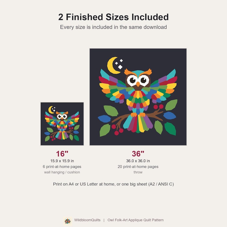 Owl Quilt Pattern, Owl Wall Hanging Quilt Pattern PDF, Easy Applique Quilt for Beginners, Woodland Wall Quilt, Raw Edge Fusible Applique image 3