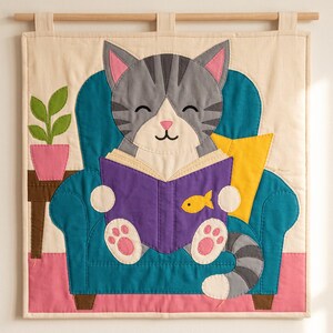 Reading Cat Quilt Pattern, Raw Edge Fusible Applique, Cat Quilt Pattern PDF, Patchwork Wall Hanging, Folk Art Quilt Template image 6