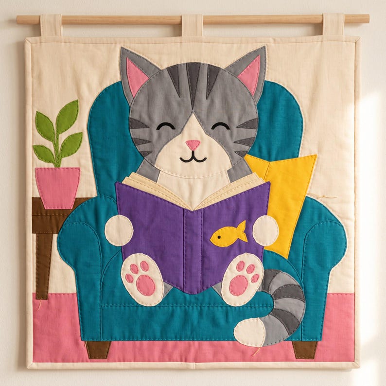 Reading Cat Quilt Pattern, Raw Edge Fusible Applique, Cat Quilt Pattern PDF, Patchwork Wall Hanging, Folk Art Quilt Template image 6