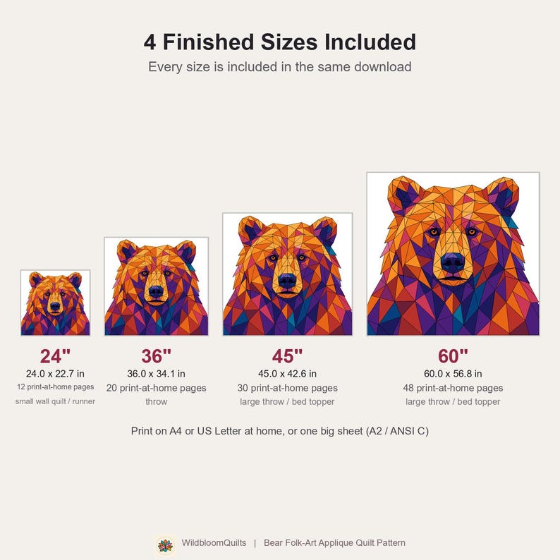 Patrón de edredón de oso, aplique termoadhesivo geométrico con borde sin rematar, patrón de edredón de animales en PDF, tapiz de pared de patchwork, plantilla de edredón de arte popular imagen 5