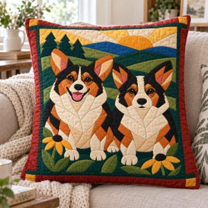 Corgi Pair Quilt Pattern, Applique & Collage Dog Quilt, Animal Quilt Pattern PDF, Patchwork Wall Hanging, Folk Art Quilt Template image 3