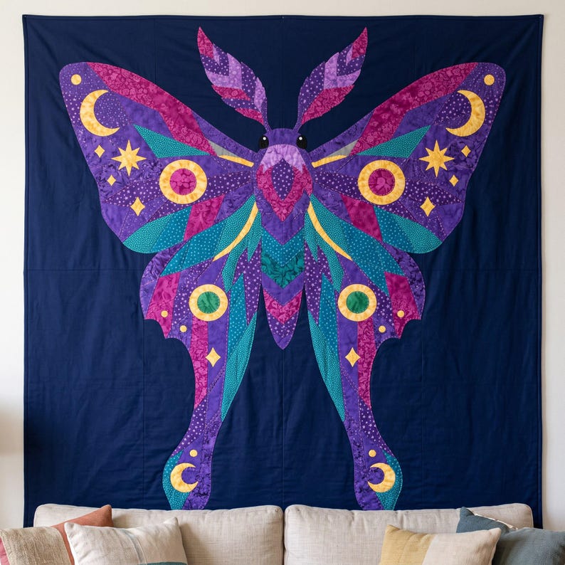 Amethyst Moth Quilt Pattern, Raw Edge Fusible Applique PDF, Celestial Moth Pattern, Patchwork Wall Hanging, Folk Art Quilt Template image 4