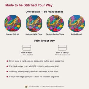 Quiltmuster Meeresschildkröten, PDF-Vorlage für Applikationen mit offenen Kanten, Quiltmuster Meerestiere, Wandbehang Korallenriff, Patchwork-Vorlage im Stil der Volkskunst Bild 19