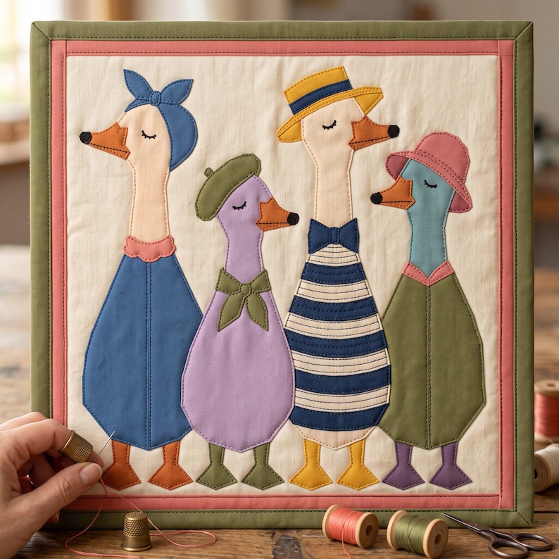 Dressed Geese Quilt Pattern, 2 Designs & 5 Sizes up to 60in, Raw Edge Fusible Applique, Animal Quilt Pattern PDF, Folk Art Geese Bed Quilt image 17