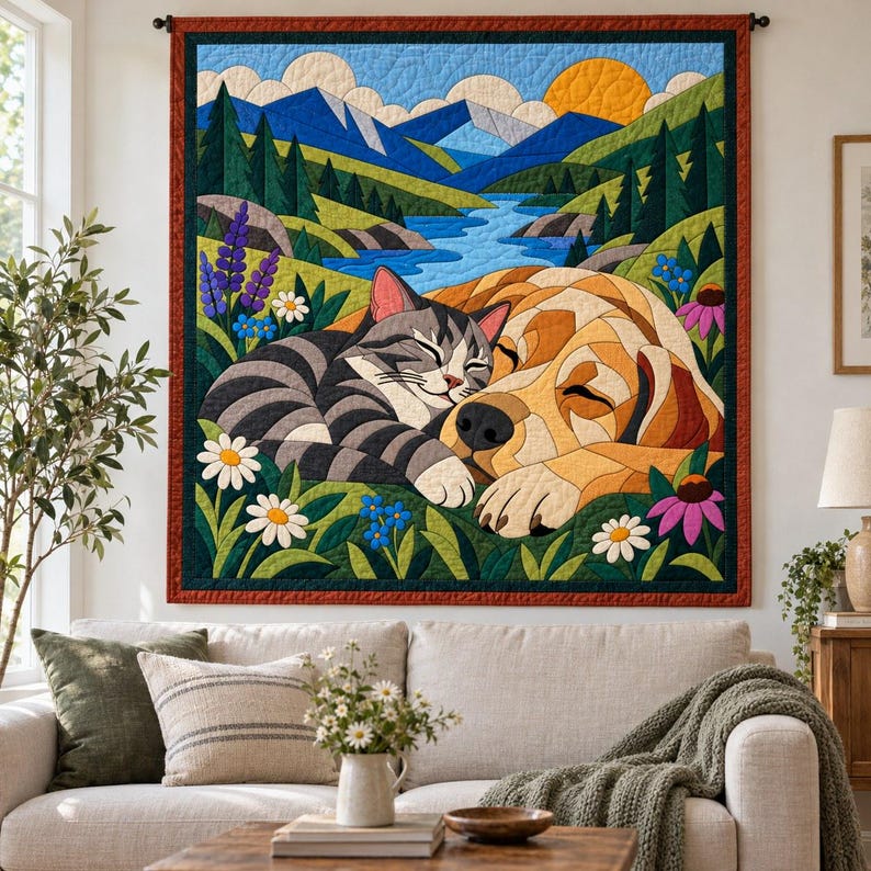 Sleeping Cat and Dog Quilt Pattern, Applique & Collage Quilt PDF, Pet Animal Quilt Pattern, Patchwork Wall Hanging, Folk Art Quilt Template image 12