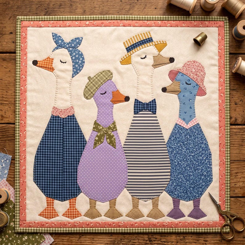 Dressed Geese Quilt Pattern, 2 Designs & 5 Sizes up to 60in, Raw Edge Fusible Applique, Animal Quilt Pattern PDF, Folk Art Geese Bed Quilt image 8