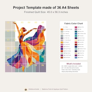 Ballerina-Quiltmuster, PDF-Vorlage für Applikationen mit offenen Kanten, Tänzer-Quiltmuster, Patchwork-Wandbehang, Quiltvorlage im Volkskunststil Bild 9