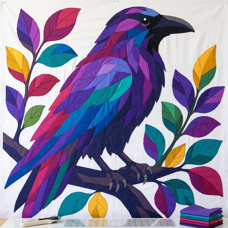 Modèle de courtepointe Corbeau, Appliqué thermocollant à bords francs (PDF), Modèle de courtepointe Oiseau, Décoration murale patchwork, Gabarit de courtepointe animal d'art populaire image 16