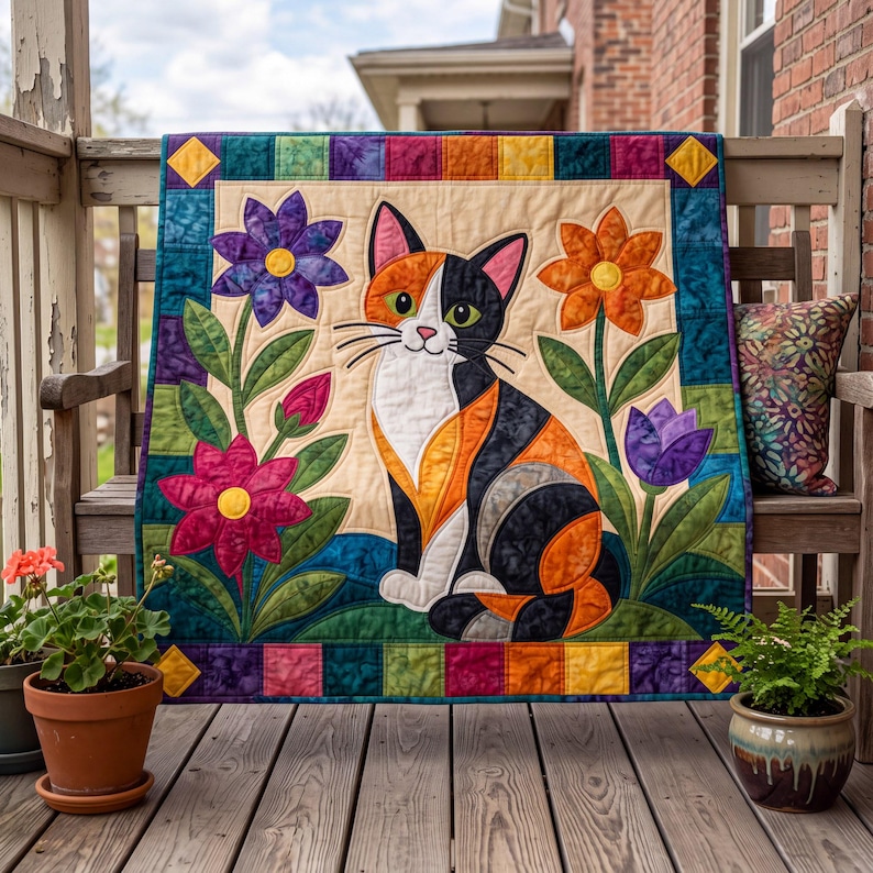 Calico Cat Quilt Pattern, Applique & Collage Quilt, Animal Quilt Pattern PDF, Patchwork Wall Hanging, Folk Art Quilt Template image 12