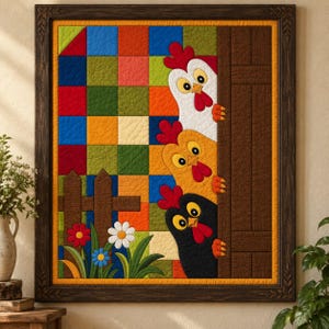 Può includere: Una trapunta incorniciata con una griglia colorata di quadrati a sinistra, una staccionata in legno marrone e tre polli a cartoni animati bianchi, gialli e neri impilati verticalmente a destra, con piccoli fiori rossi, bianchi e blu.