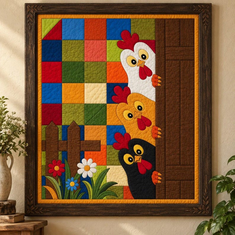 Padrão de colcha "Galinhas Espiando", aplique termocolante com borda crua, padrão de colcha de animais em PDF, tapeçaria de parede em patchwork, colcha de fazenda em estilo folk. imagem 1