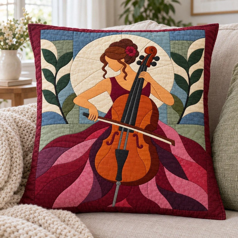 Quiltmuster für Cellisten, Applikations- und Collage-Quilt, Quiltmuster für Musikliebhaber (PDF), Patchwork-Wandbehang, Quiltvorlage im Stil der Volkskunst Bild 3