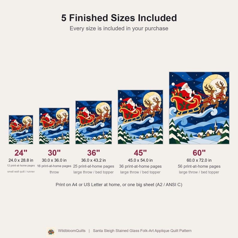 Santa Sleigh Quilt Pattern, Applique & Collage Quilt, Christmas Quilt Pattern PDF, Stained Glass Patchwork Wall Hanging, Reindeer Quilt image 2