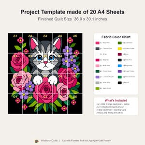 Cat with Roses Quilt Pattern, Cat Wall Hanging Quilt Pattern PDF, Floral Applique Quilt Pattern, Raw Edge Fusible Applique image 11