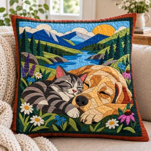 Sleeping Cat and Dog Quilt Pattern, Applique & Collage Quilt PDF, Pet Animal Quilt Pattern, Patchwork Wall Hanging, Folk Art Quilt Template image 3