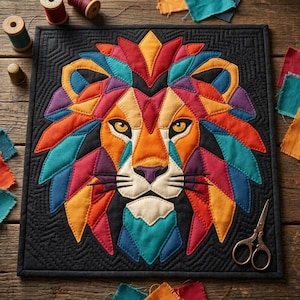 Lion Quilt Pattern, Applique & Collage Quilt, Animal Quilt Pattern PDF, Patchwork Wall Hanging, Folk Art Lion Template