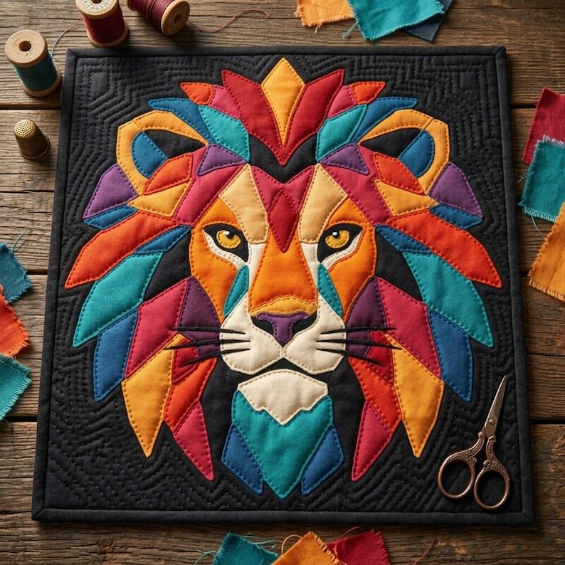 Löwen-Quiltmuster, Löwen-Wandbehang-Quiltmuster (PDF), Einfaches Applikationsquiltmuster für Anfänger, Applikation mit offener Kante zum Aufbügeln Bild 1