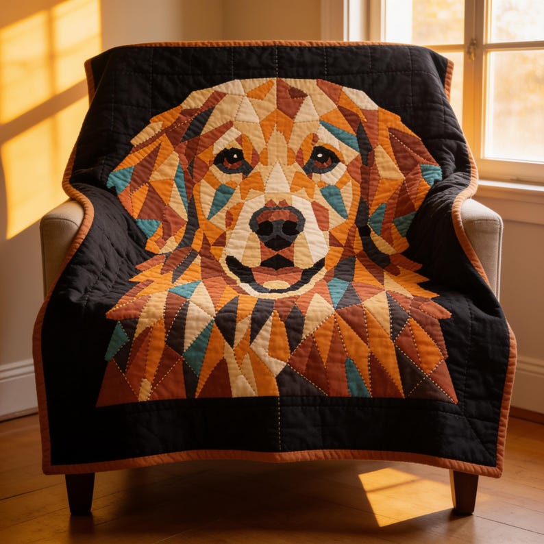 May include: A quilted blanket featuring a geometric, mosaic-style portrait of a golden dog. The dog's face is composed of triangular patches in shades of gold, tan, brown, and teal, set against a solid black background with a rust-colored border.
