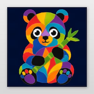 May include: A square wall art print featuring a stylized panda bear composed of vibrant, multi-colored geometric segments in red, orange, yellow, green, blue, and purple. The panda holds a green bamboo stalk against a solid dark navy blue background.