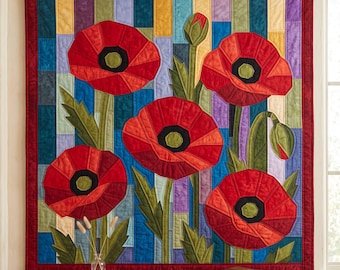 Patrón de colcha Poppy, aplique termoadhesivo con borde sin rematar, patrón de colcha floral en PDF, tapiz de patchwork, plantilla de colcha de arte popular