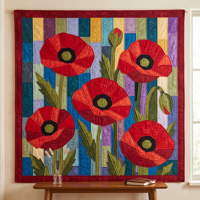 Klaprozenquiltpatroon, applicatie met rafelige rand en strijkapplicatie, bloemenquiltpatroon (PDF), patchwork wandkleed, sjabloon voor een quilt in volkskunststijl afbeelding 1
