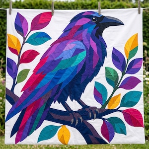 Modèle de courtepointe Corbeau, Appliqué thermocollant à bords francs (PDF), Modèle de courtepointe Oiseau, Décoration murale patchwork, Gabarit de courtepointe animal d'art populaire image 15