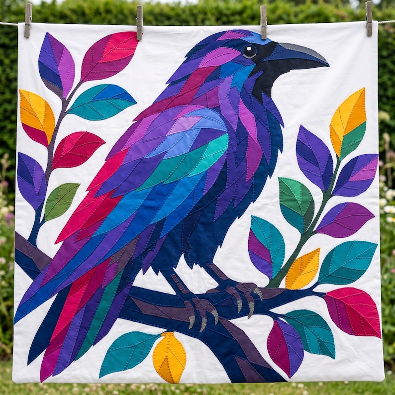 Modèle de courtepointe Corbeau, Appliqué thermocollant à bords francs (PDF), Modèle de courtepointe Oiseau, Décoration murale patchwork, Gabarit de courtepointe animal d'art populaire image 15