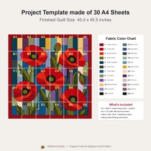 Klaprozenquiltpatroon, applicatie met rafelige rand en strijkapplicatie, bloemenquiltpatroon (PDF), patchwork wandkleed, sjabloon voor een quilt in volkskunststijl afbeelding 10