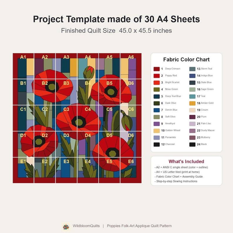 Klaprozenquiltpatroon, applicatie met rafelige rand en strijkapplicatie, bloemenquiltpatroon (PDF), patchwork wandkleed, sjabloon voor een quilt in volkskunststijl afbeelding 10