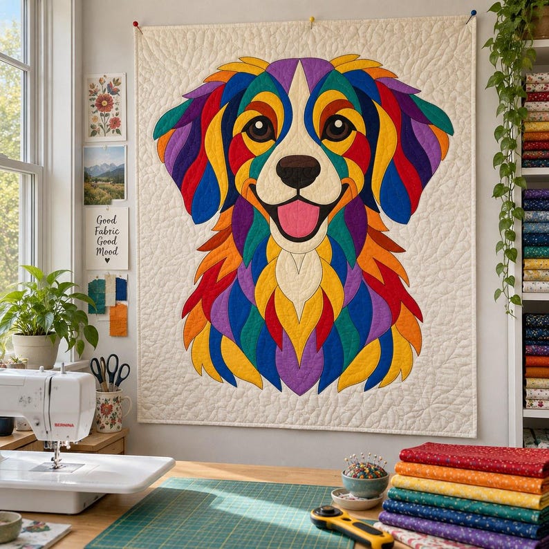 Patrón de edredón de perro Rainbow Retriever, edredón con apliques y collage, patrón de edredón de animales en PDF, tapiz de pared de patchwork, plantilla de perro de arte popular imagen 8