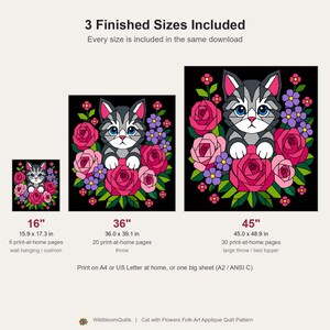 Cat with Roses Quilt Pattern, Cat Wall Hanging Quilt Pattern PDF, Floral Applique Quilt Pattern, Raw Edge Fusible Applique image 3