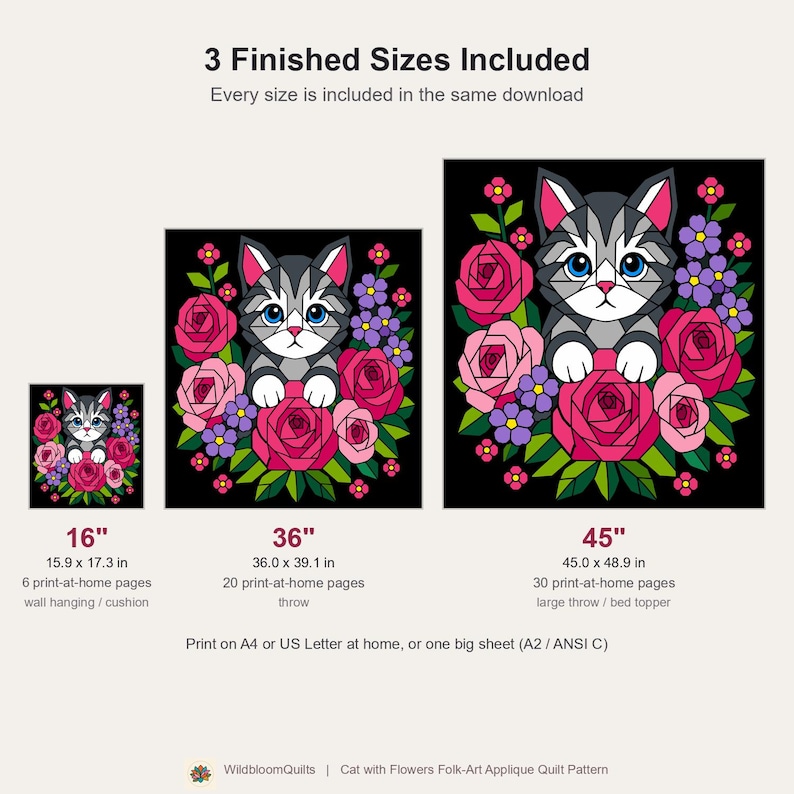 Cat with Roses Quilt Pattern, Cat Wall Hanging Quilt Pattern PDF, Floral Applique Quilt Pattern, Raw Edge Fusible Applique image 3