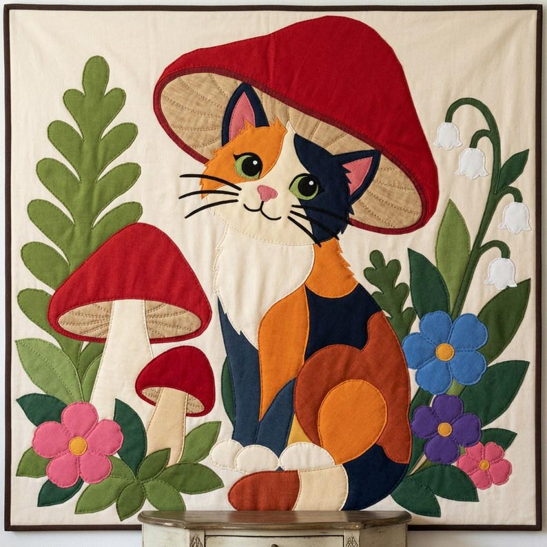 猫とキノコのキルトパターン、切りっぱなしの接着芯アップリケPDF、キャリコ猫キルトパターン、パッチワーク壁掛け、フォークアートキルトテンプレート 画像 9