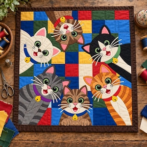 Six Cats Quilt Pattern, Applique & Collage Quilt, Cat Quilt Pattern PDF, Patchwork Wall Hanging, Folk Art Quilt Template image 2
