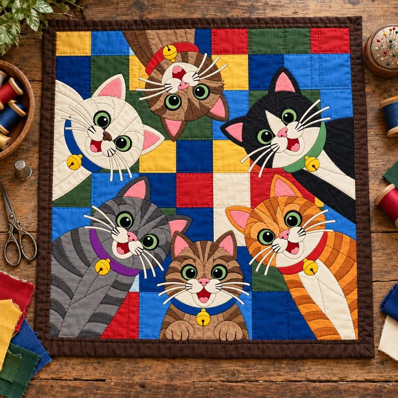 Six Cats Quilt Pattern, Applique & Collage Quilt, Cat Quilt Pattern PDF, Patchwork Wall Hanging, Folk Art Quilt Template image 2