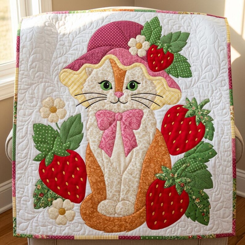 Strawberry Cat Quilt Pattern, Raw Edge Fusible Applique, Cat Quilt Pattern PDF, Patchwork Wall Hanging, Folk Art Quilt Template image 12