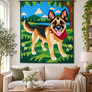 Quiltmuster für einen Deutschen Schäferhund, Applikations- und Collage-Hundequilt, Tierquiltmuster (PDF), Patchwork-Wandbehang, Quiltvorlage im Volkskunststil Bild 13
