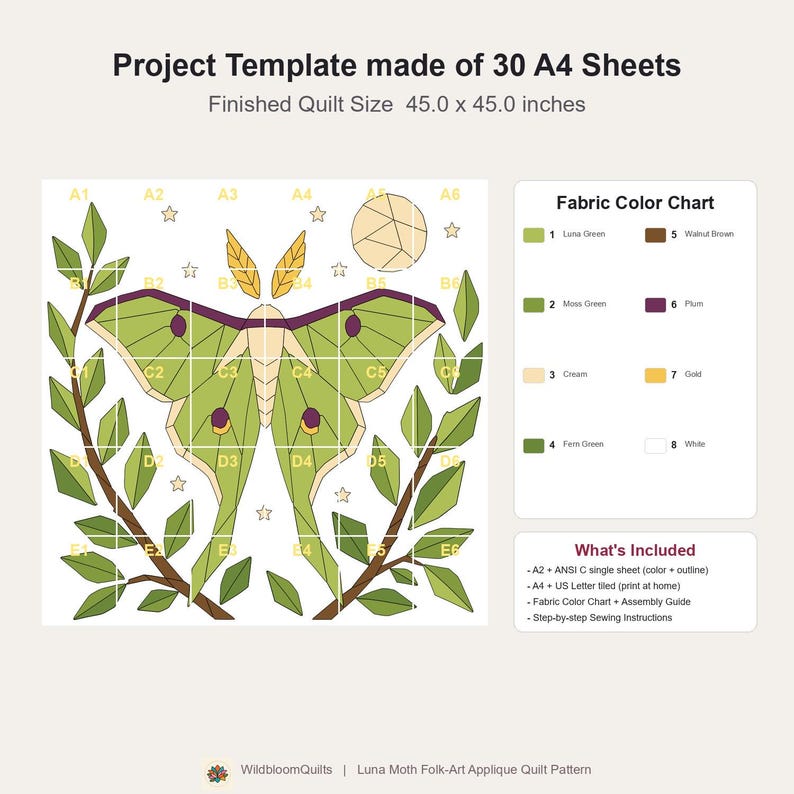 Luna Moth Quilt Pattern, Moth Wall Hanging Quilt Pattern PDF, Applique Quilt Pattern, Raw Edge Fusible Applique image 15