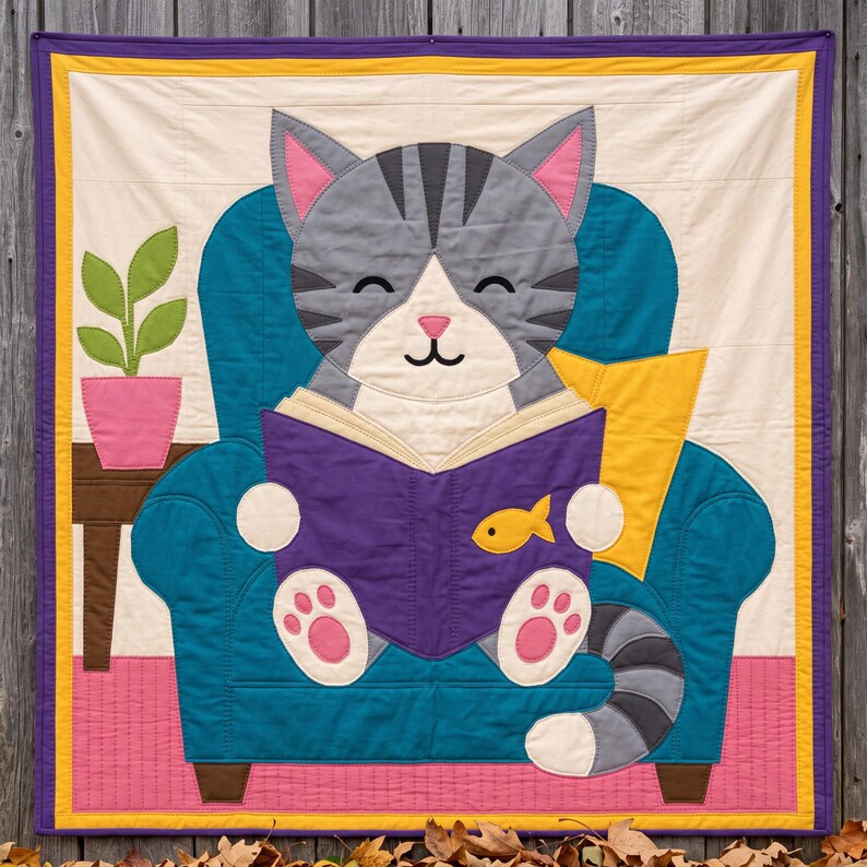 Reading Cat Quilt Pattern, Raw Edge Fusible Applique, Cat Quilt Pattern PDF, Patchwork Wall Hanging, Folk Art Quilt Template image 15