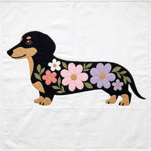Dachshund Quilt Pattern, Dog Wall Hanging Quilt Pattern PDF, Easy Floral Applique Quilt for Beginners, Doxie Gift, Raw Edge Fusible Applique image 4
