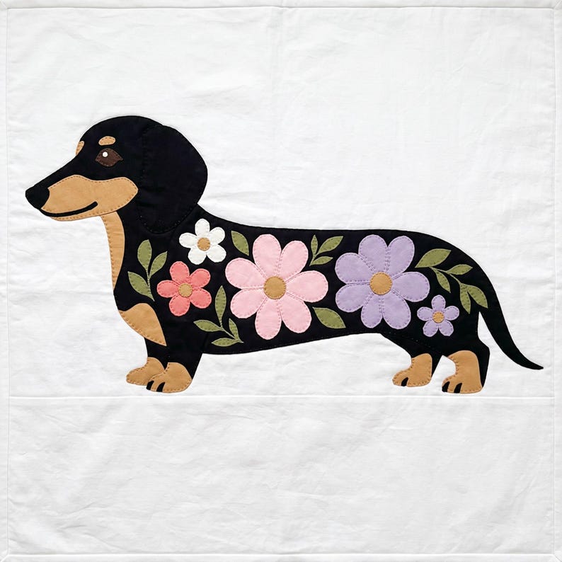 Dachshund Quilt Pattern, Dog Wall Hanging Quilt Pattern PDF, Easy Floral Applique Quilt for Beginners, Doxie Gift, Raw Edge Fusible Applique image 4