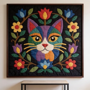 Cat Quilt Pattern, Floral Cat Wall Hanging Quilt Pattern PDF, Easy Applique Quilt for Beginners, Cat Lover Gift, Raw Edge Fusible Applique image 3