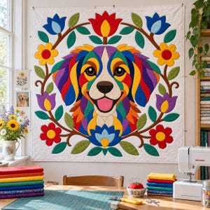 Patrón de edredón Perro Arcoíris, Edredón con apliques y collage, Patrón de edredón de animales en PDF, Tapiz de pared de patchwork, Plantilla de perro de arte popular imagen 11